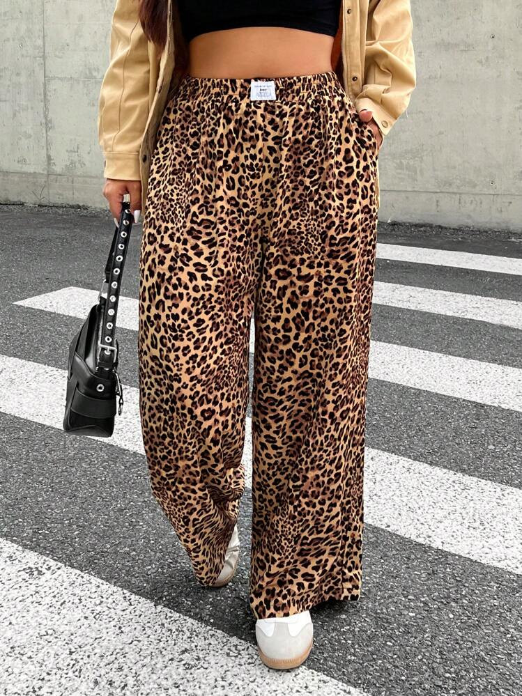 SHEIN EZwear Plus Size Women Leopard Print Woven Fabric Casual Everyday Commuting Versatile High Waist Wide Leg Loose Pants With Pockets | SHEIN