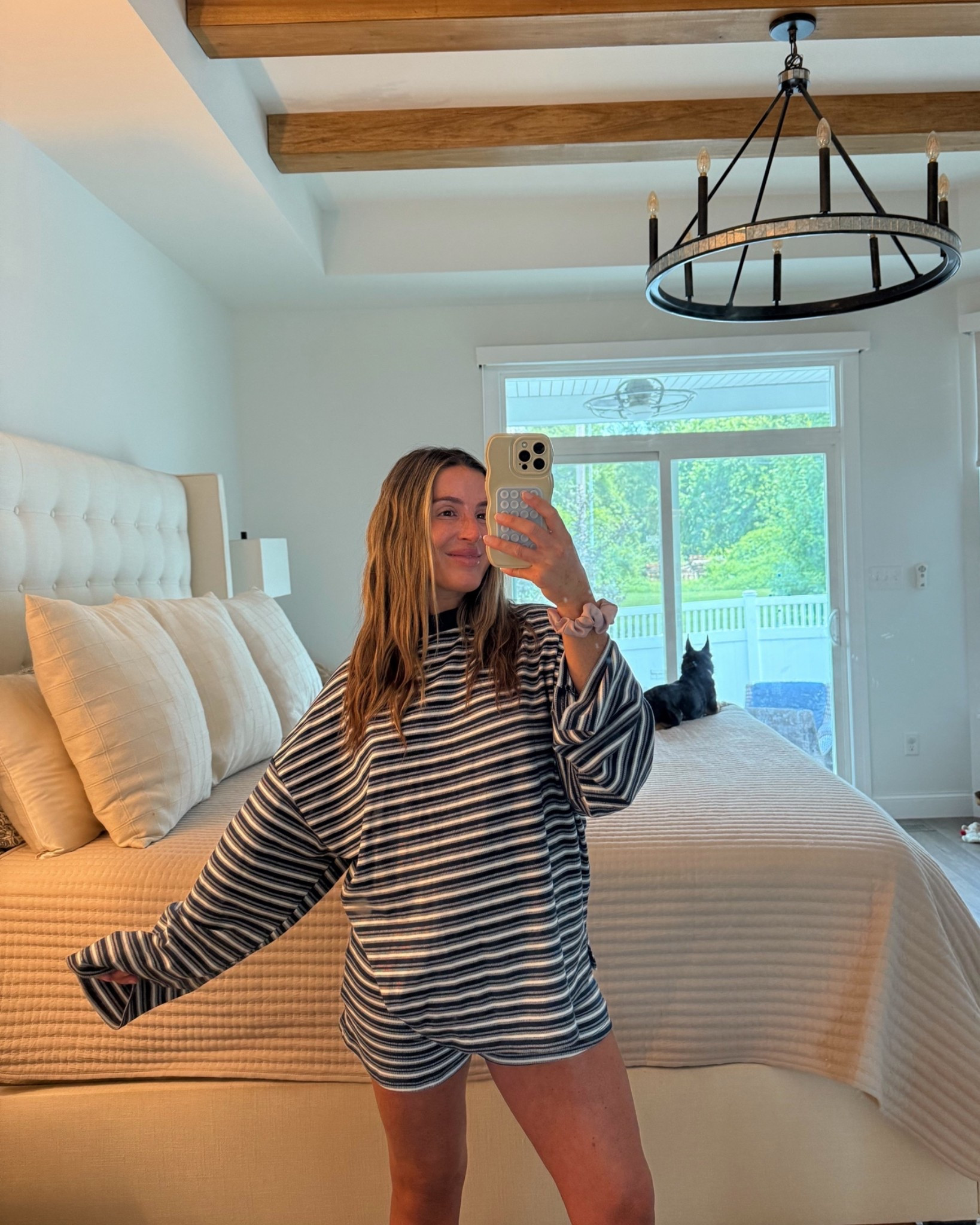 I’m 5’2” in a medium top + bottom! up one size in each for pregnancy!