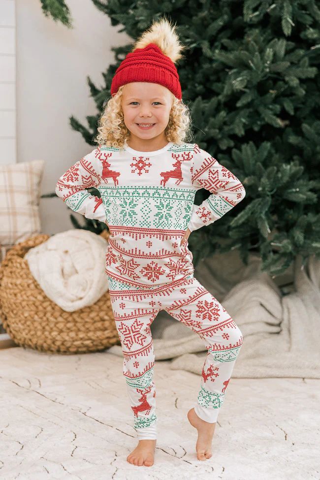 Snowy Wonderland Kid's Ivory/Green Fair Isle Pajama Set | The Pink Lily Boutique