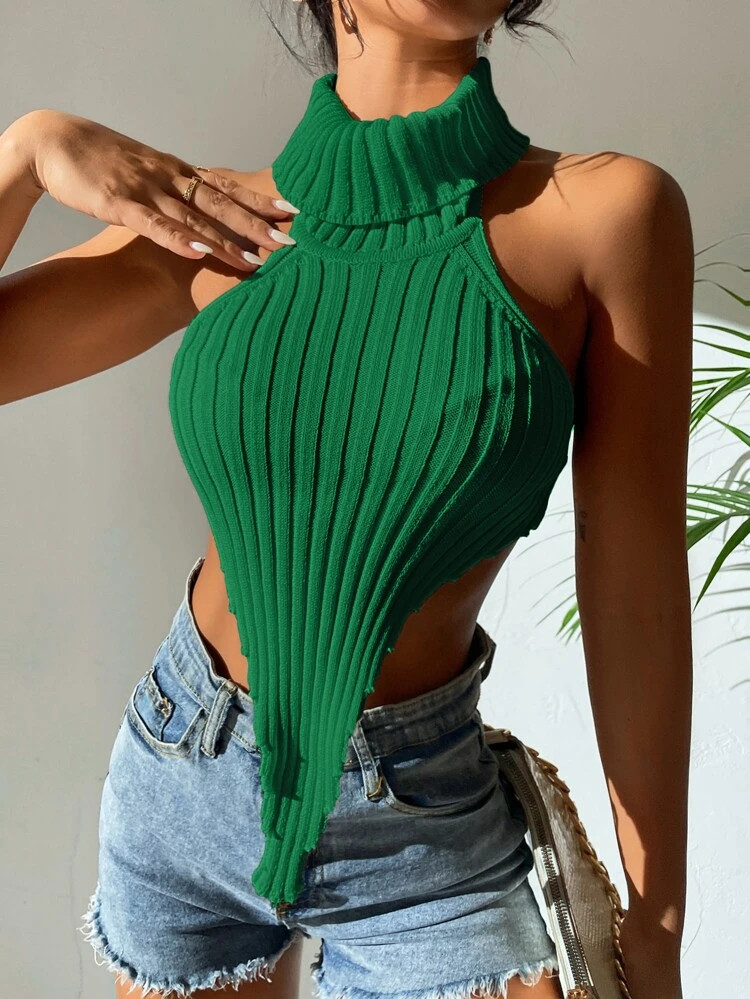 Top tejido corto de espalda abierta de cuello halter bajo hanky | SHEIN