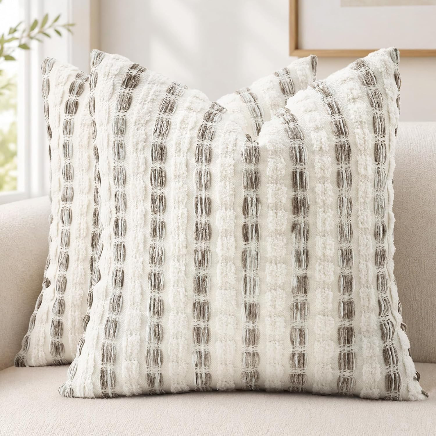 decorUhome Chenille Tufted Stripe Throw Pillow Covers 22x22 Set of 2 Beige | Amazon (US)