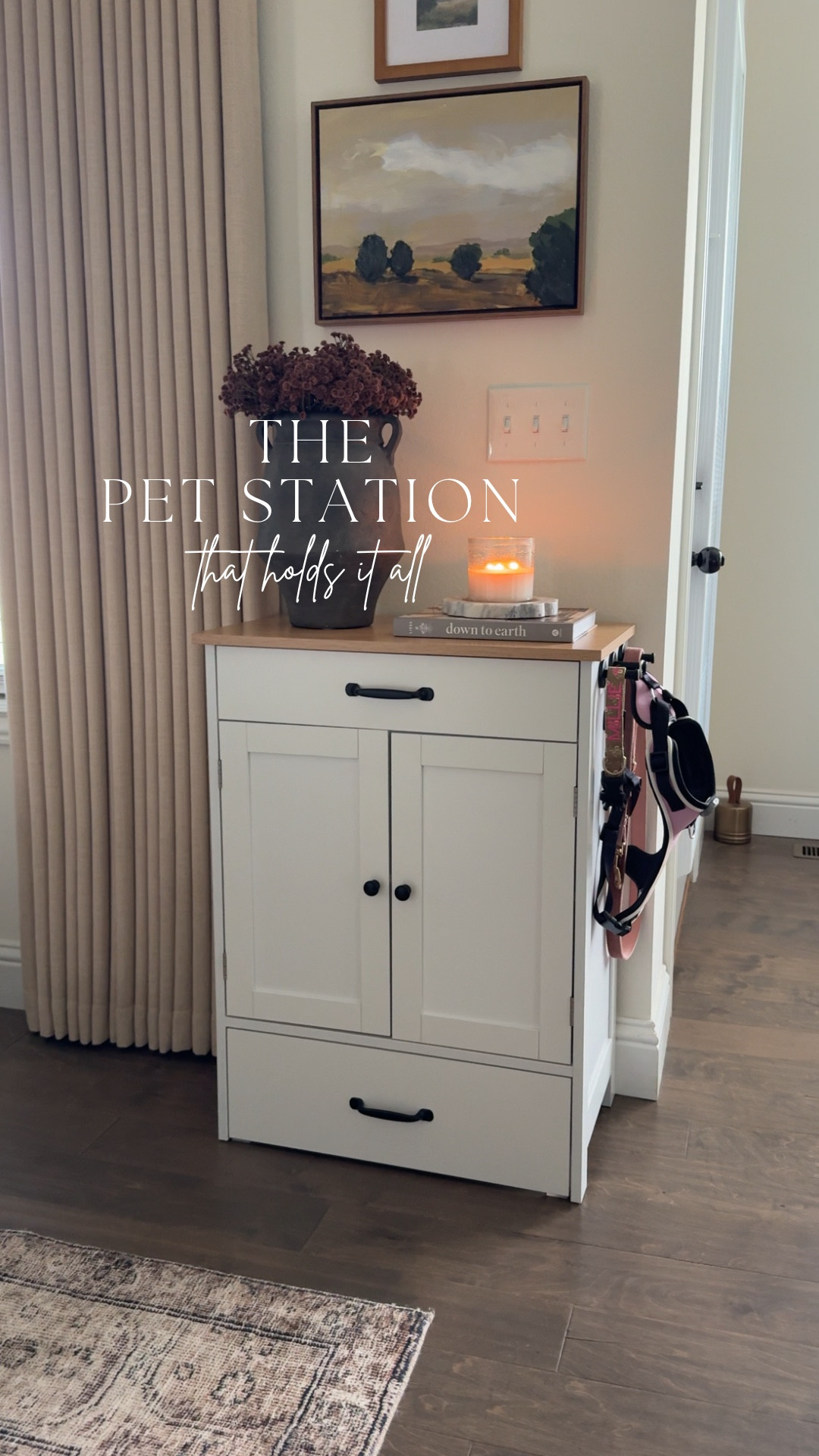 I love when something is both functional and blends seamlessly into the space, and this one does exactly that. The hidden pull-out drawer keeps the food bowls tucked away when not in use, while the top drawer and cabinet give you plenty of storage for treats, food, and all the extras. It even has hooks for collars and leashes, which makes it so easy to keep everything in one spot.

#LTKHome