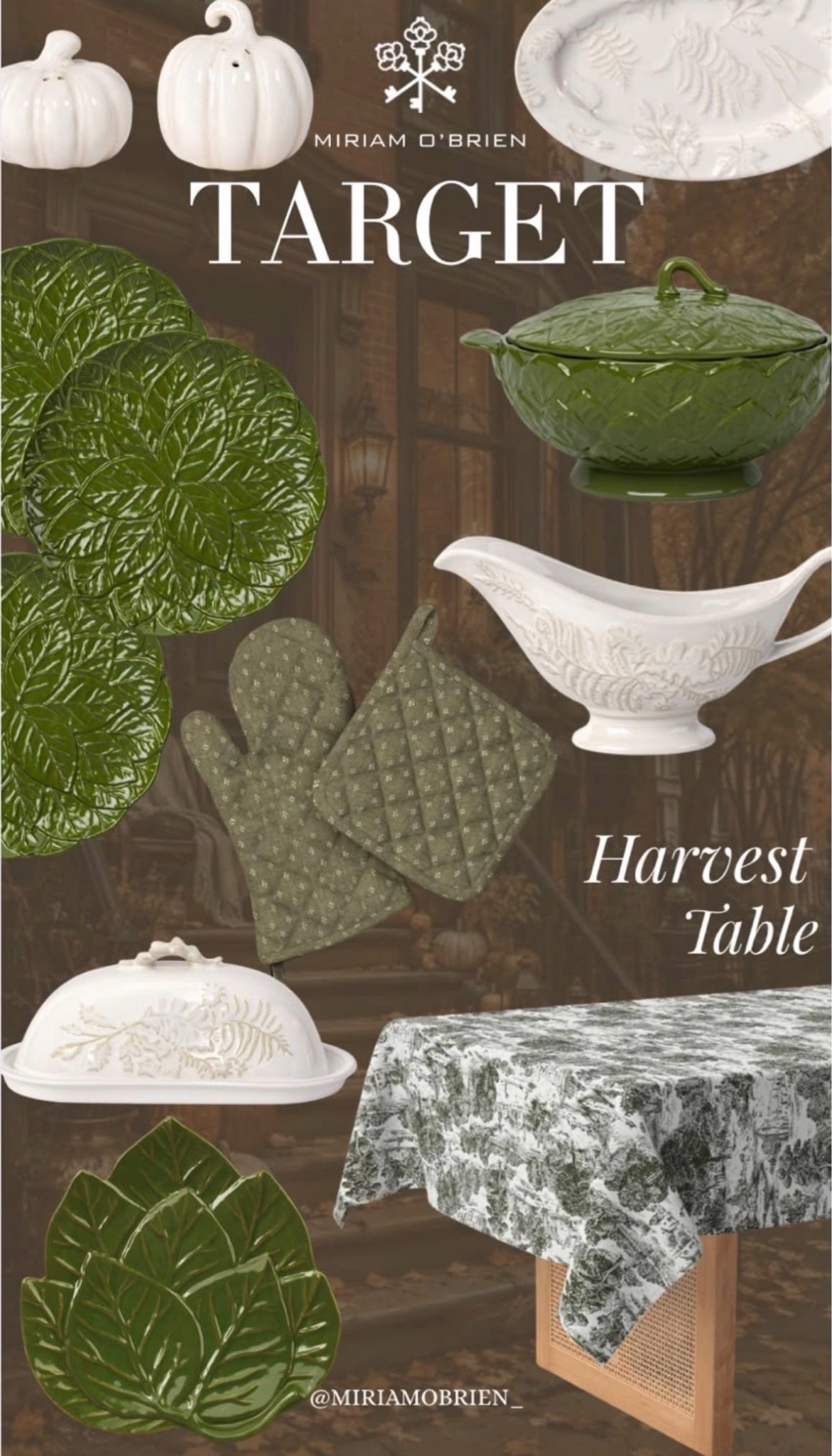 The prettiest mix of green + white for fall 🌿🤍 If you love a classic, collected look instead of traditional orange fall decor, this is your sign to try it!

These leafy plates, pretty serving pieces, textured linens, and white pumpkins would make such a beautiful Thanksgiving or fall table.

Which piece would you add to your table? 👀

Follow @MiriamObrien on Instagram and TikTok for more home finds & seasonal inspiration.

#TargetFinds #TargetHome #TargetStyle #TargetDecor #FallDecor #FallTablescape #ThanksgivingDecor #ThanksgivingTable #GreenDecor #GreenAndWhiteDecor #TableSetting #TablescapeInspiration #HomeDecor #HomeInspo #HostingIdeas #LTKHome #LTKFinds #LTKCreator

#LTKOver40 #LTKHome #LTKSeasonal