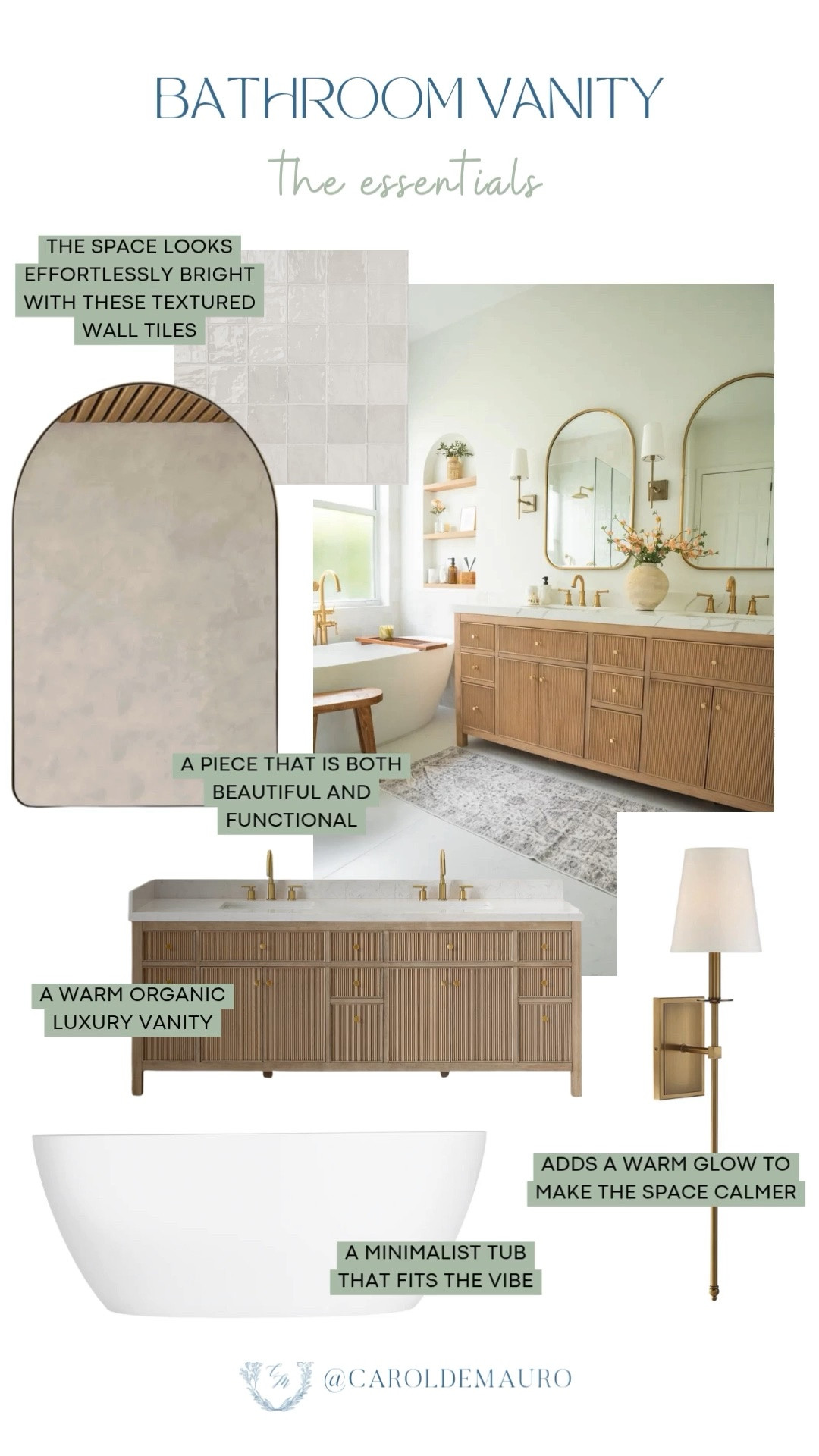 This warm organic vanity with fluted wood detailing, a brass sconce, and a freestanding soaking tub is the bathroom moment I cannot stop thinking about. Everything from the arched mirror to the textured wall tiles is linked if you want to recreate this.

bathroom vanity, bathroom inspo, bathroom renovation, bathtub, bathroom lighting, minimalist aesthetic, neutral home

#LTKHome