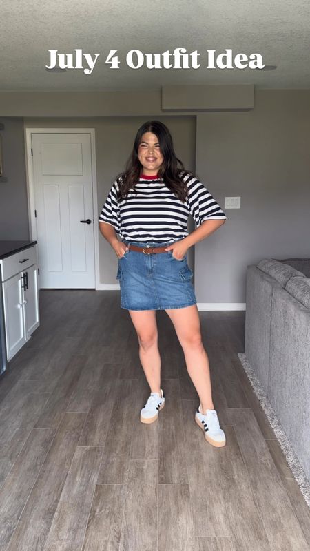 July 4 outfit idea. Denim cargo score from Old Navy size 12/large and a Free People look-alike striped T-shirt from Amazon. Wearing a size large 

#LTKStyleTip #LTKMidsize #LTKFindsUnder50