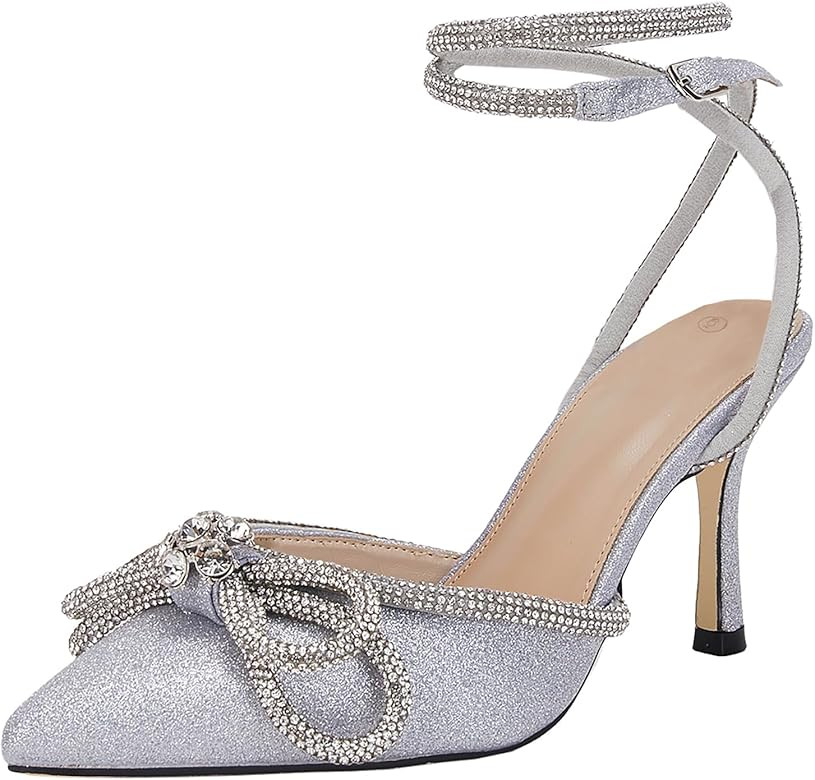 VETASTE Women's Double Bow Pointed Toe Ankle Strap Crystal Pumps Wedding Bridal Party Stilettos B... | Amazon (US)