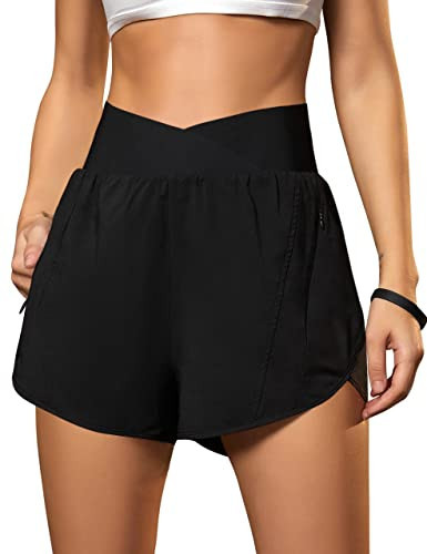 Blooming Jelly Women's Workout Shorts Athletic Running Cross V Cut Waist Work Out Preppy Shorts with Zipper Pockets (Black,X-Large) | Amazon (US)