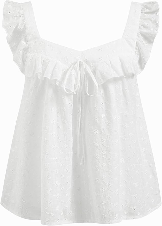 CIDER Womens Going Out Tank Crop Tops Eyelet Embroidered Floral Ruffle Square Neck Tie Sleeveless... | Amazon (US)