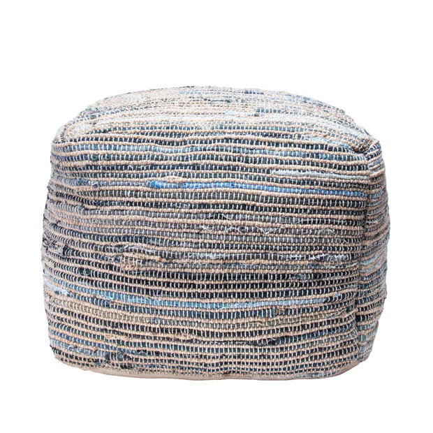 Natural Knitted Jute and Denim Pouf 14" H x 18" W x 18" D x 14" H x 18" W x 18" D | Rugs USA