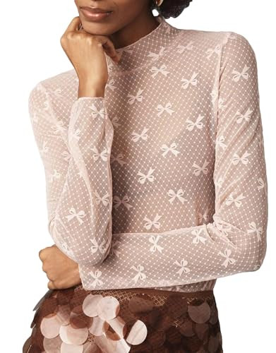 Women's Lace Long Sleeve Top Bow See Through Turtleneck Shirt Y2k Sexy Mesh Sheer Top Beige | Amazon (US)