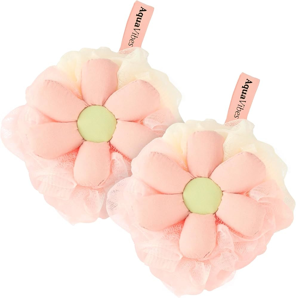 Cute Bath Loofah Sponge- Mesh Pouf Flower Shaped Body Scrubber, Duo Pack – Exfoliating Shower S... | Amazon (US)