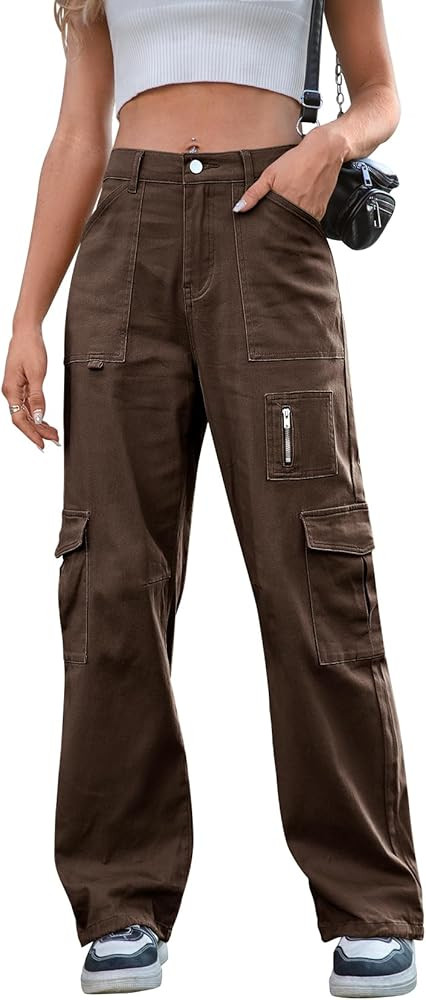 IVIR Cargo Pants Women High Waist Wide Leg Casual Pants with 7 Pockets Stretchy Drawstring Baggy ... | Amazon (US)