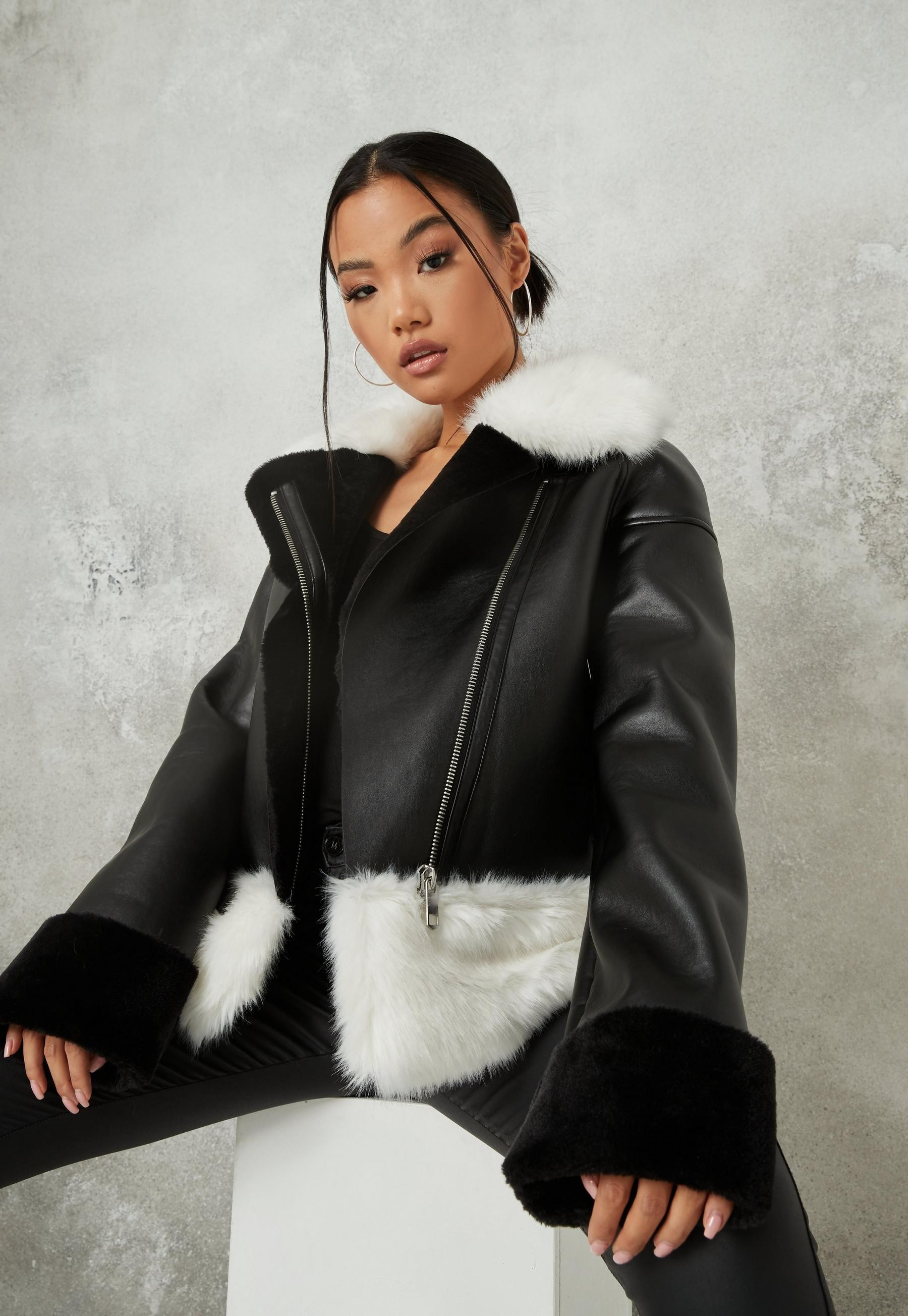 Black Faux Fur Mix Aviator Jacket | Missguided (US & CA)