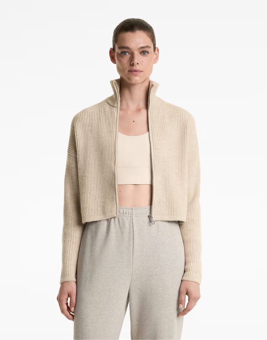OYSHO Cropped rib knit jacket with high collar in stone-Grey | ASOS (Global)