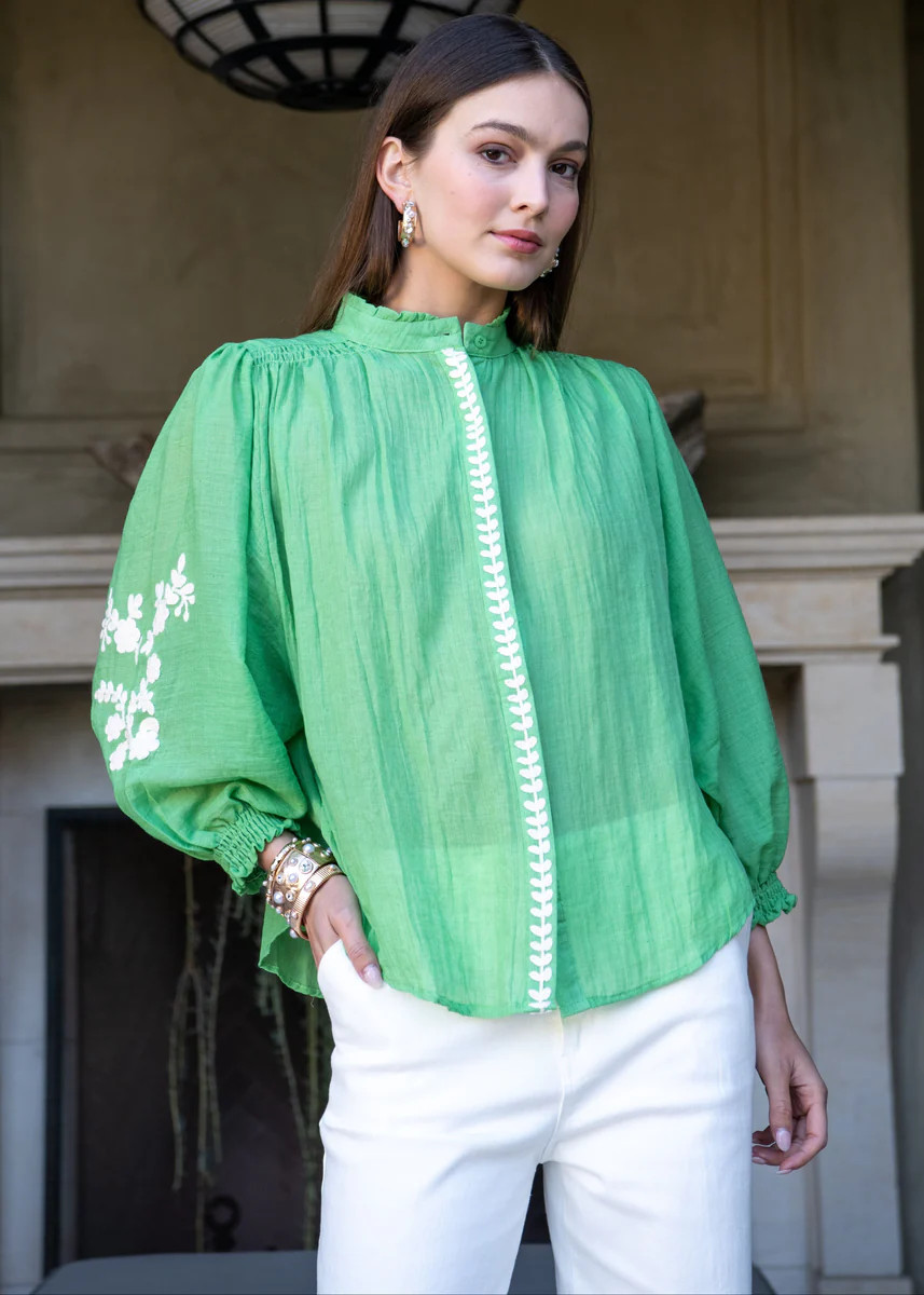 Marjorie Mock Neck Long sleeve Top with Embroidery - Green | Benaar La
