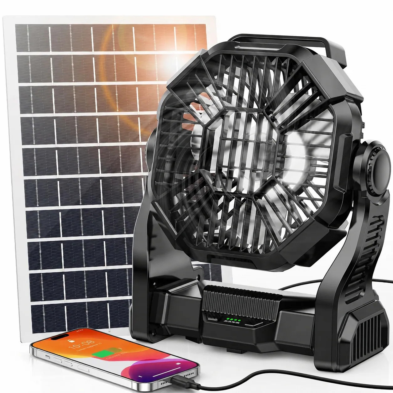 Phyfalip Solar Fan with LED Lantern 10W Solar Panel Portable Camping Fan for Outdoor Picnic Barbecue Fishing Travel Hurricane Supplies Quiet | Lowe's