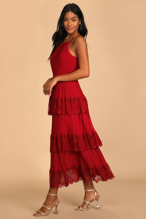 Came For Cocktails Wine Red Pleated Tiered Lace Maxi Dress | Lulus (US)
