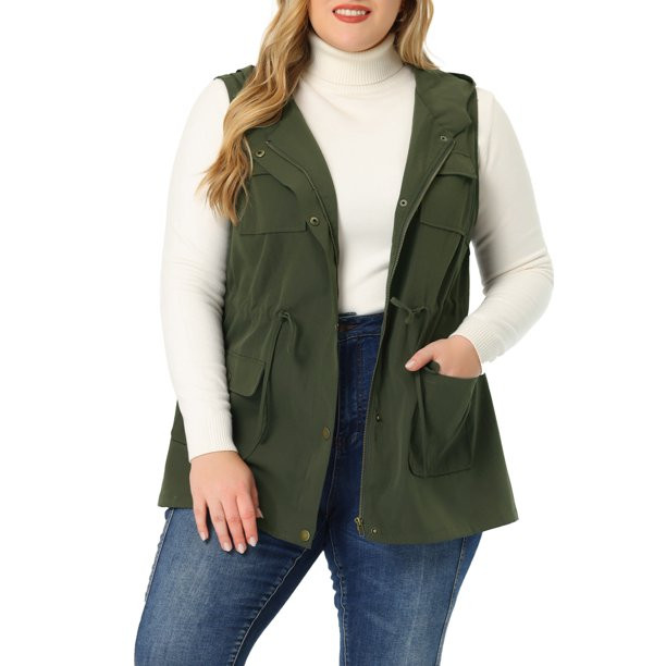 Unique Bargains Women's Plus Size Vest Sleeveless Anorak Cargo Drawstring Jacket | Walmart (US)