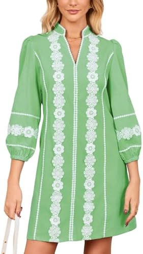 Women's Lace Floral Tunic Dress 3/4 Puff Sleeve V Neck 3D Embroidered Mini Dress | Amazon (US)