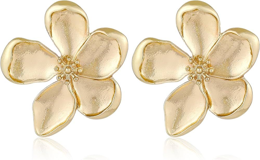 Gold Flower Earrings Large Flower Stud Earrings Flower Statement Earrings Chunky Floral Earrings ... | Amazon (US)