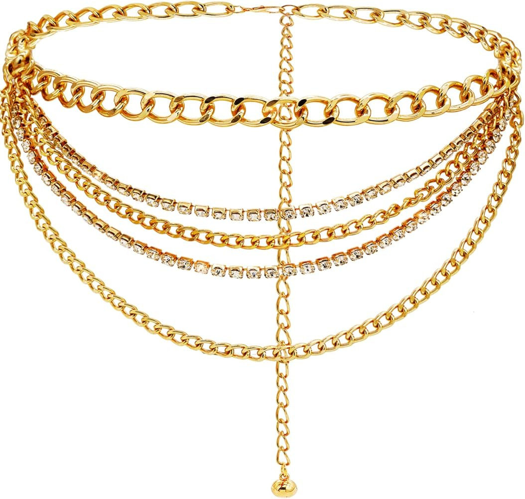 Glamorstar Multilayer Chain Belts for Women Rhinestone Waist Belt Punk Gorgeous Chain for Ladies ... | Amazon (US)
