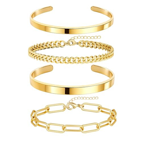 Gokeey Chunky Gold Bracelets for Women Non Tarnish, 14K Gold Plated Bangle Cuff Bracelets Satck for Women Trendy Dainty Layered Link Bracelet Paperclip Chain Cuban Chain Pack for Jewelry Gifts | Amazon (US)