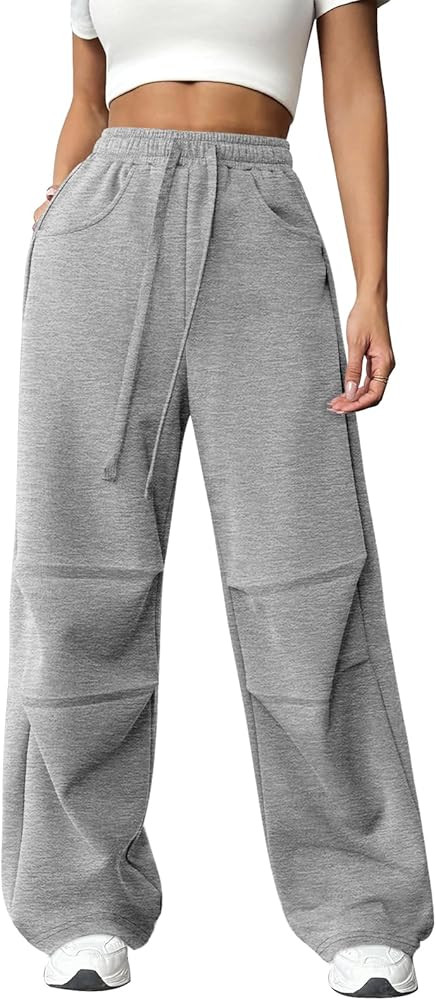 Amazon.com: ATHMILE Womens Wide Leg Grey Sweatpants Baggy Y2K Cargo Pants Drawstring Waist Lounge Joggers Fashion Teen Girl Clothes | Amazon (US)