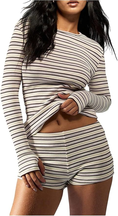 Verdusa Women's Comfiest Airport Outfits 2 Piece Sets Striped Long Sleeve Lounge Set and Mini Sho... | Amazon (US)