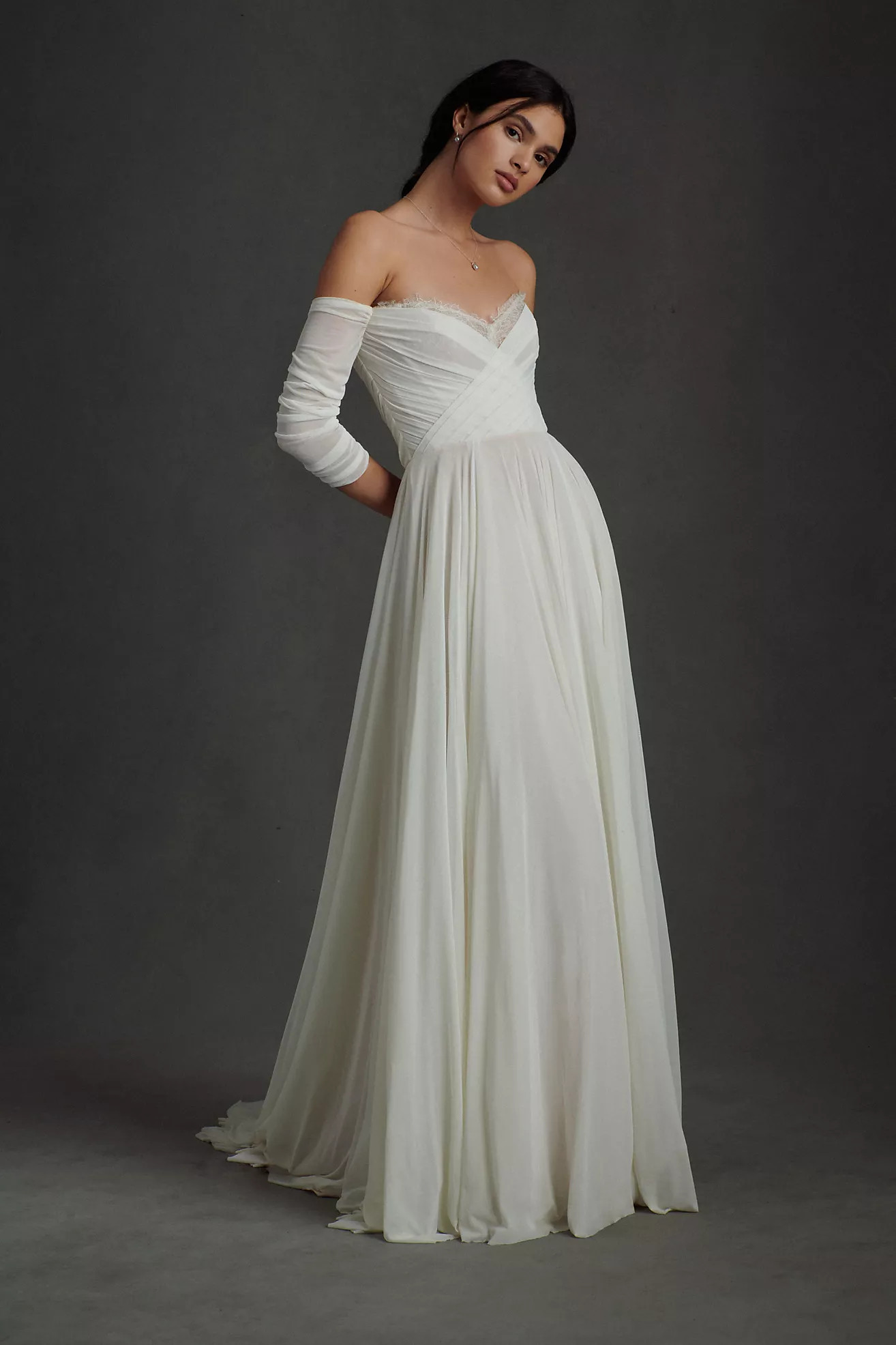 Wtoo by Watters Miles V-Neck Ruched-Sleeve Mesh Wedding Gown | Anthropologie (US)