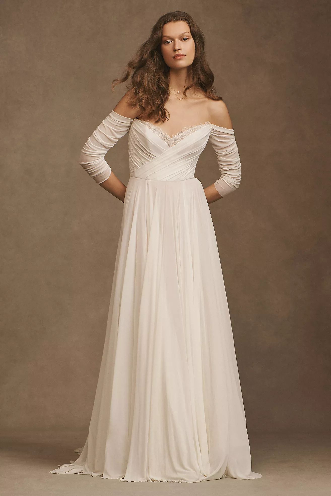 Wtoo by Watters Miles V-Neck Ruched-Sleeve Mesh Wedding Gown | Anthropologie (US)