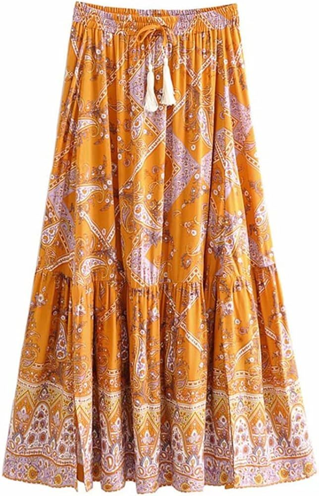 Women Yellow Floral Print Tassel Bohemian Beach Maxi Skirts Rayon Cotton Skirt | Amazon (US)