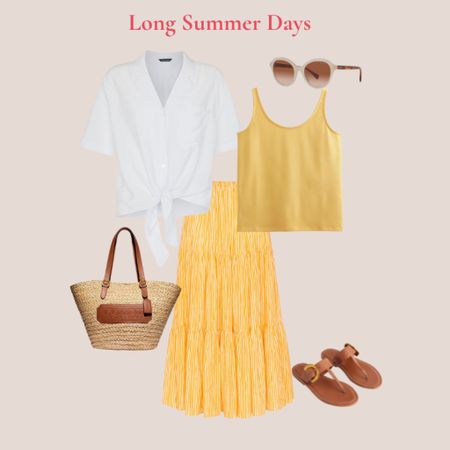 Summer outfit. Yellow gingham tiered skirt, yellow camisole, white tie front shirt, basket tote, tan toe post sandals, white sunglasses 

#LTKSeasonal #LTKstyletip #LTKeurope