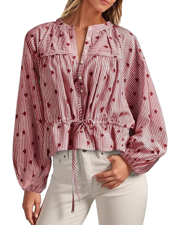 Tankaneo Womens Striped Cropped Button Down Shirts Puff Long Sleeve Peplum Tops Drawstring Waist ... | Amazon (US)