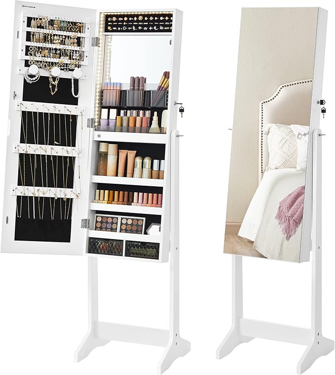 SONGMICS Mirror Jewelry Cabinet Standing Armoire Organizer, Jewelry Storage with Full-Length Fram... | Amazon (US)