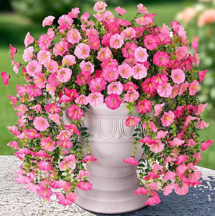 2 PCS Artificial Faux Hanging Flowers Plants for Outdoor Decor,Fake Silk Morning Glory with Eucal... | Amazon (US)