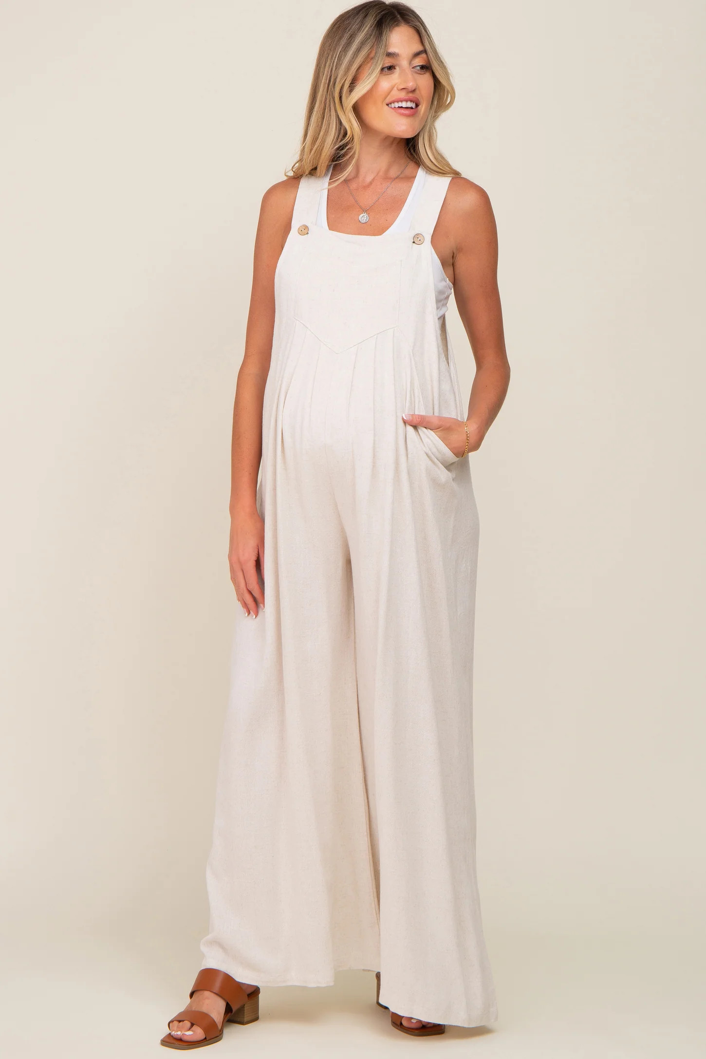 Beige Sleeveless Wide Leg Maternity Jumpsuit | PinkBlush Maternity