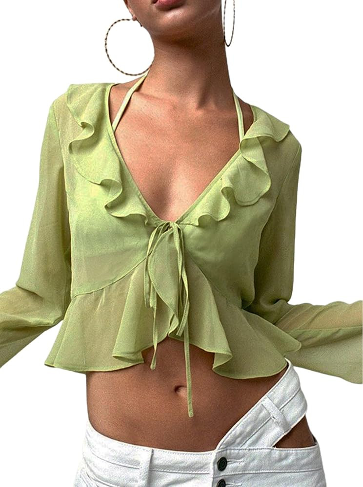 Sofia's Choice Womens Peplum Tie Front Tops Deep V Neck Long Sleeve Ruffle Hem Blouse | Amazon (US)