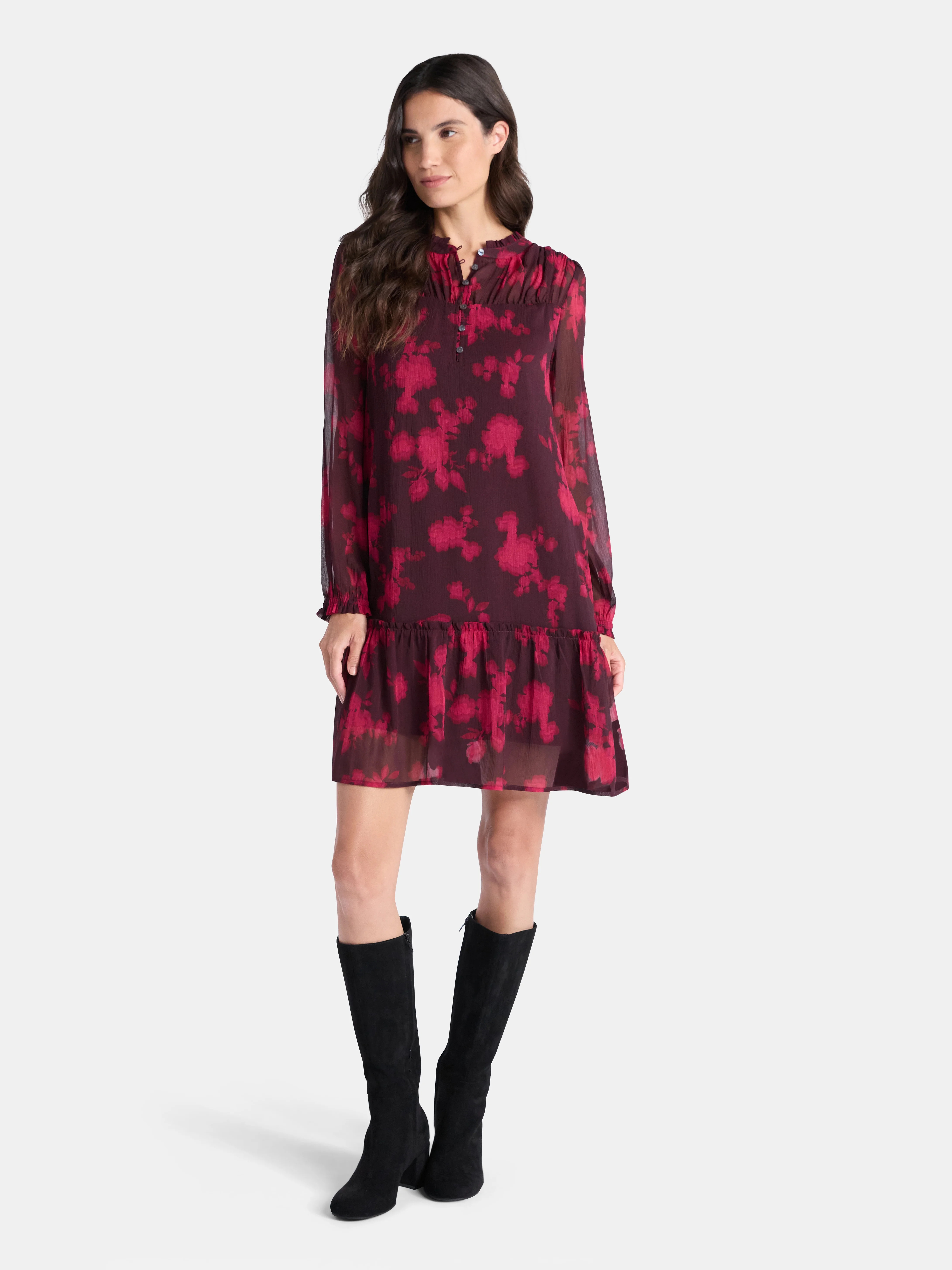 Time and Tru Women's Pintuck Yoke Dress with Long Sleeves, Sizes XS-XXXL | Walmart (US)