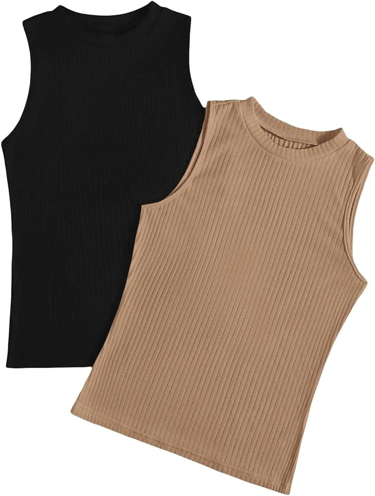 Floerns Women's 2 Piece Sleeveless Rib Knit Round Neck Camisole Tank Top | Amazon (US)
