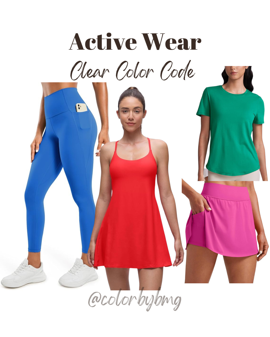 Active Wear for Clear Color Codes

Colors:
Leggings: Sparkle Blue
Dress: Deep Red (2)
Skort: Hibiscus Purple
Tee: Cascadia Green

Clear Winter, Clear Spring, Bright Winter, Bright Spring