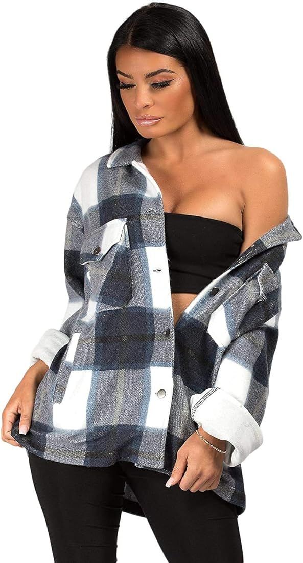 Womens Check Fleece Casual Jacket Shacket Top Shirt Coat Tunic Oversize Baggy | Amazon (US)