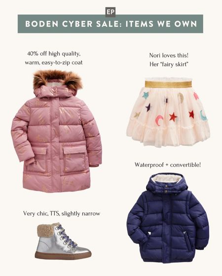 Boden kids sale: I take advantage of this sale each cyber week and buy a size up for the following year 

• 40% off Longline padded coat - water resistant, High quality, warm, cozy lined and easy to zip coat. 

I size up and buy a version of this boden coat every 1-2 years and it holds up well with daily winter wear. 

Machine washable too but make sure to remove the faux fur trim first 

• 40% off Tulle Appliqué skirt. Nori loves this! Her "fairy skirt"

• 20% off Cosy leather lace up boots. Very chic, but probably not for wide feet. 

Nori wears a size 11 / 11.5 in US toddler / little kids and I got her a size 30 boden that has a little room to grow. Side zipper.

#petite #kids winter clothes cyber Monday 

#LTKSeasonal #LTKkids #LTKCyberWeek