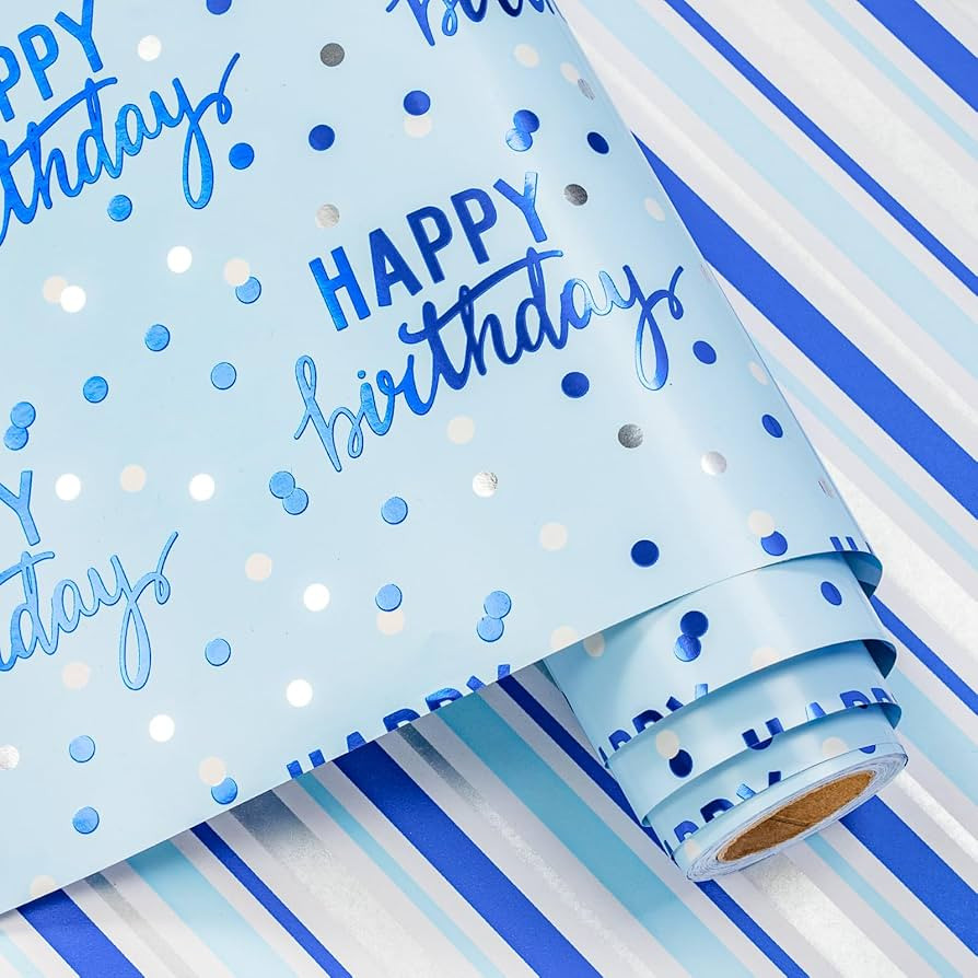 LeZakaa Reversible Blue Birthday Wrapping Paper Roll for Boys Men, Happy Birthday Lettering & Str... | Amazon (US)