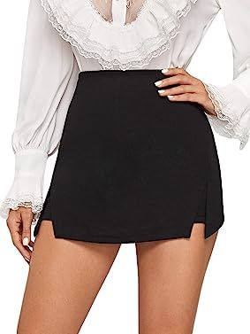 SheIn Women's High Waist Slit Hem Skorts Asymmetrical Plain Skirt Shorts | Amazon (US)