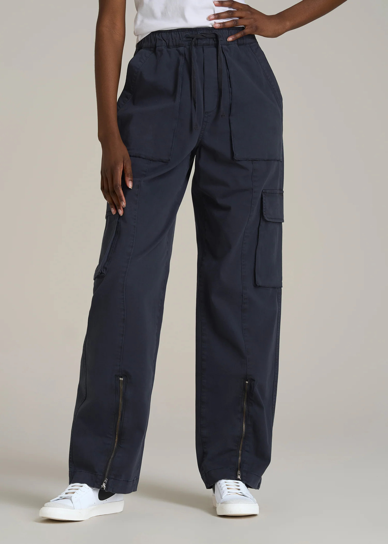 High Rise Garment Dyed Baggy Cargo Pants for Tall Women in Deep Navy | American Tall