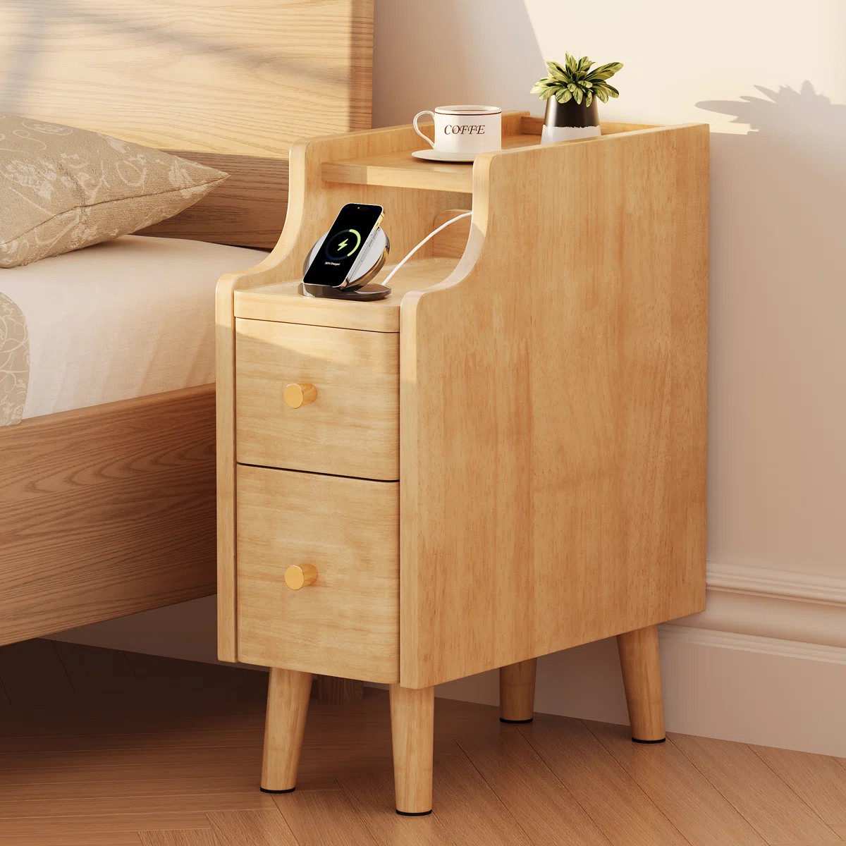 Narrow Nightstand with Drawers, 7.9" Solid Wood Side Table for Small Spaces, Small Bedside Table ... | Wayfair North America