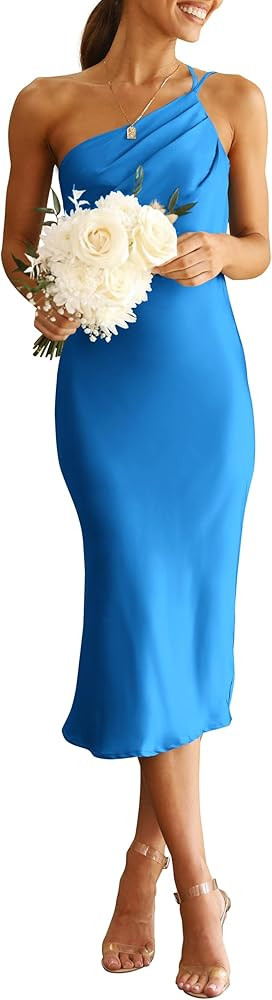 PRETTYGARDEN Women's Midi Satin Dress One Shoulder Spaghetti Strap Backless Ruched Summer Bodycon... | Amazon (US)