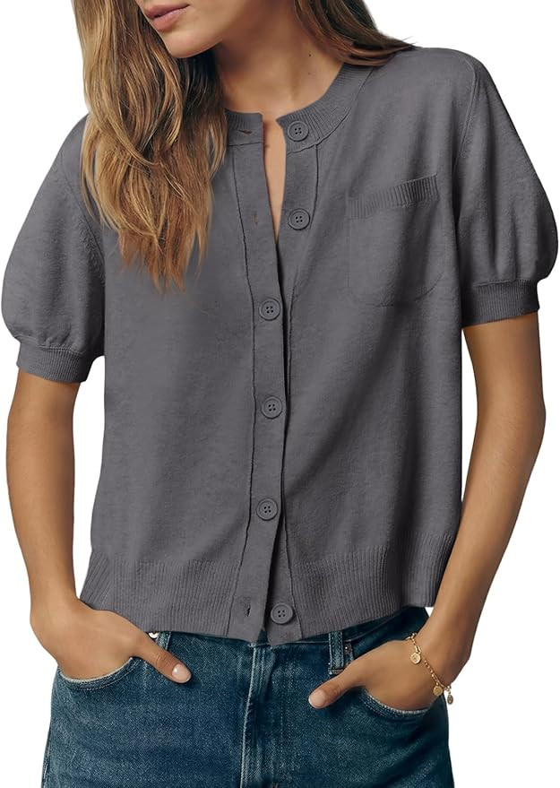 Saodimallsu Womens Puff Short Sleeve Cardigans Crew Neck Button Down Lightweight Casual Summer Kn... | Amazon (US)