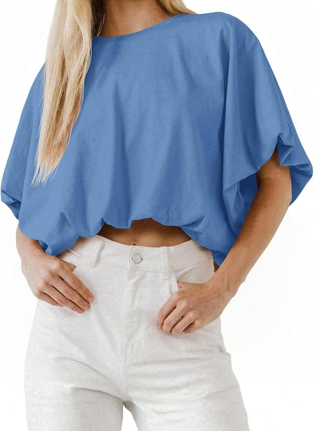 Womens Summer Crewneck Crop Tops Short Sleeve Casual Loose Cropped T Shirts | Amazon (US)