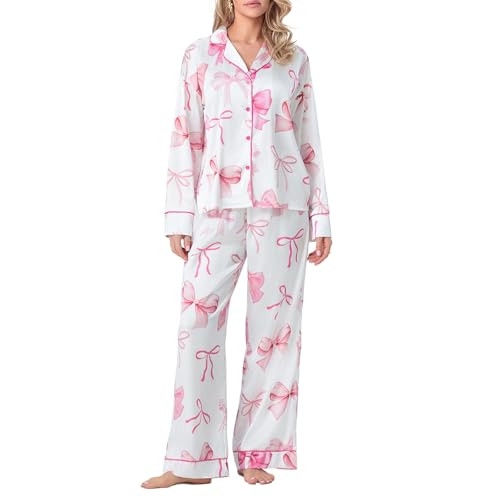 lisenraIn Women Bow Pajamas Christmas Long Sleeve Button Up Shirt Pants Set Holiday Cute Bow Print Pjs Christmas Loungewear (Pink Bow Print, M) | Amazon (US)